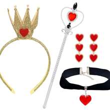 Halloween Queen Costume Accessories Set Includes A Gold Crown, Red Heart Collar, Gem Scepter, Heart-Shaped Earrings, Suitable For Women's Queen Costume Party Accessories