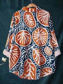 Retro Abstract Print Elegant & Intellectual Women Casual Linen Look Shirt - Orange - View 2