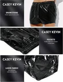 Pantalones cortos metálicos holográficos brillantes y brillantes para hombre, pantalones cortos con bolsillos y cordones para atuendo de rave - A3-negro-ck3118 - Ver 2