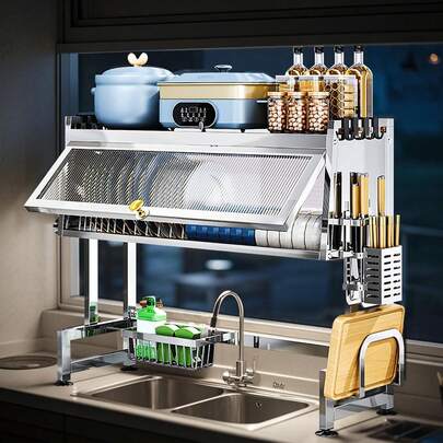 Escurridor de Trastes sobre Fregadero,Escurridor de Trastes con Puerta,Escurridors Trastes sobre Fregadero 2 Niveles,33.5''Escurreplatos sobre el Fregaderos,para Secado y Almacenamiento con Soporte