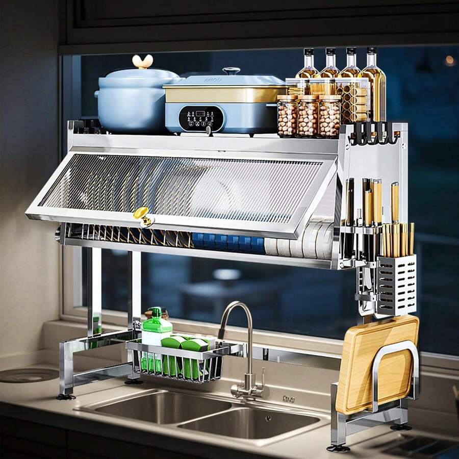 Escurridor de Trastes sobre Fregadero,Escurridor de Trastes con Puerta,Escurridors Trastes sobre Fregadero 2 Niveles,33.5''Escurreplatos sobre el Fregaderos,para Secado y Almacenamiento con Soporte - 1 - Ver 1