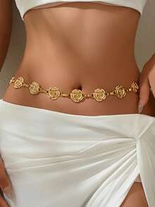 1 件复古时尚个性化金属做旧链玫瑰花流苏腰链，波西米亚高端百搭礼服腰带，适合任何场合的女性 - 金色 - 查看 2