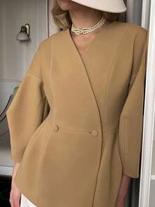 女士优雅驼色羊毛混纺大衣，纯色梭织面料，休闲、晚宴、办公场合皆宜。 - 卡其色 - 查看 2