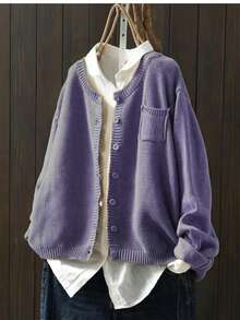 女士休闲加大码长袖开衫，带侧袋，秋冬款