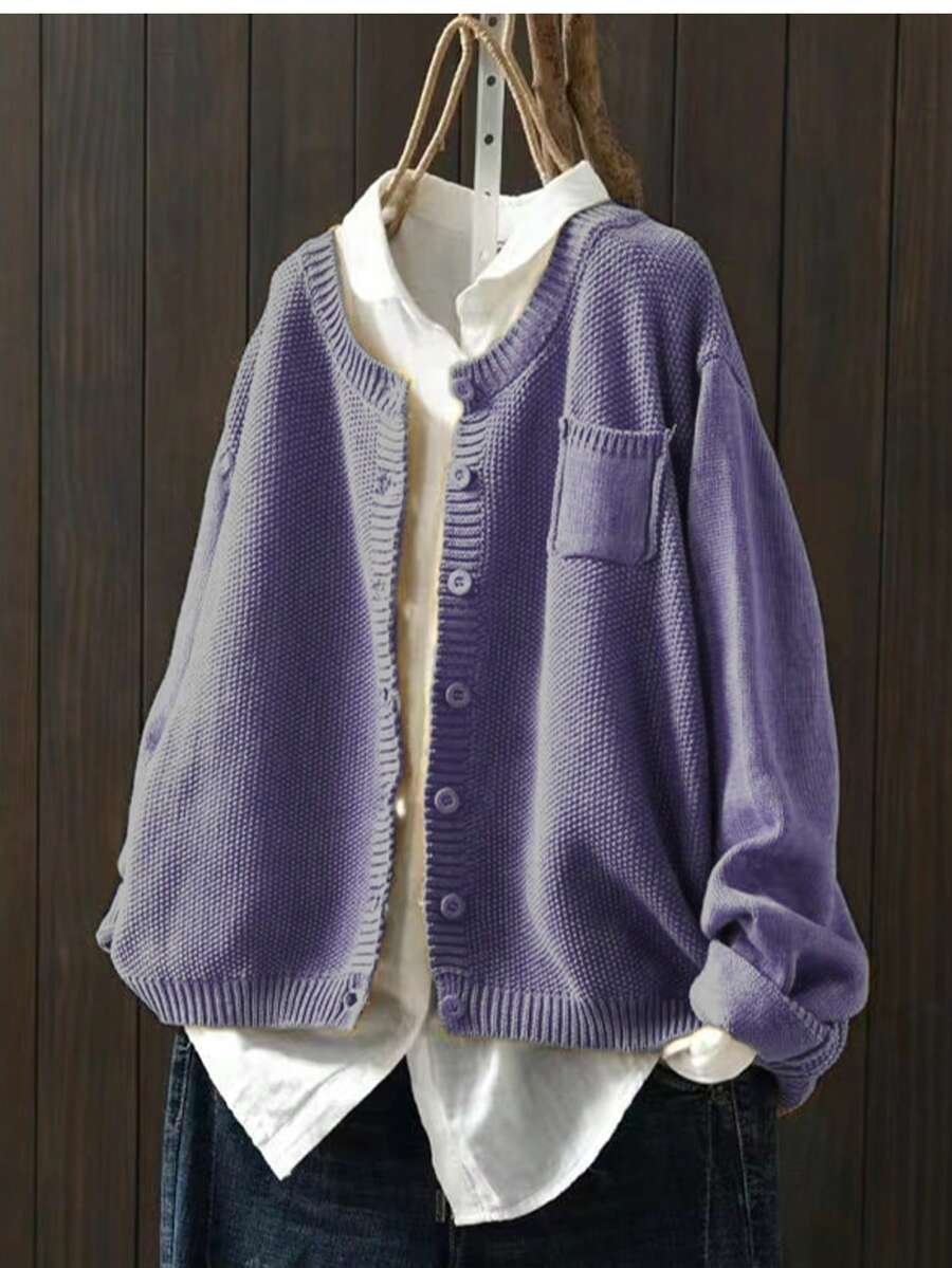 女士休闲加大码长袖开衫，带侧袋，秋冬款