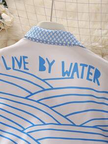 Ocean-Style Printed Shirt Set, Casual And Versatile Deep V-Neck And Long Sleeves, Perfect For Beach Vacations And Fashion Spring - Blue - View 8