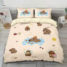 Cartoon Cute Capybara Print Bedding Set, Available In 4 Sizes (Twin, Full, Queen, King) - (1 Duvet Cover + 2 Pillowcases, No Filler), Suitable For Hotel, Bedroom, School