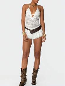 Lace Romper For Women Summer Tiered Ruffle Bloomer Shorts Jumpsuit Y2K V Neck Halter Backless Festival Outfit - 白色 - 查看 2