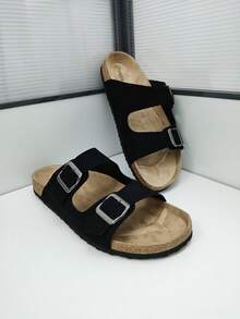 Fashionable Casual Black Suede Double Strap Mule Slippers, Adjustable Dual Metal Buckle Non-Slip Soft Cork Bottom Slip-On House Slippers, Suitable For Christmas, Halloween, Home, Date, Strolling, Commuting, Party, Beach