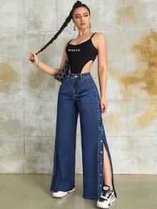 时尚复古侧开衩纽扣门襟阔腿牛仔裤，适合春夏秋冬、返校、晚宴和休闲装 - 藍色 - 查看 5