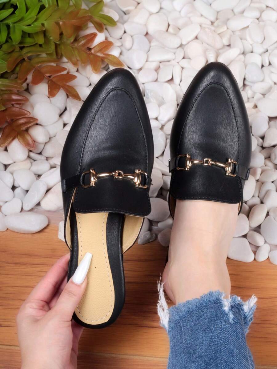 Zapatos para Mujer Fashion con Cadena Metálica Punta Cerrada Estilo Casual Oficina Mules - Negro - Ver 1