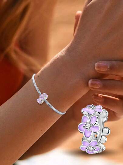 1Pc Fashionable Pinkish Purple Flowers Series Charm Bead Fit For Women Bracelets Bangles DIY Jewelry Making And Daily Outfit Matching Jewelry Decoration For Girls