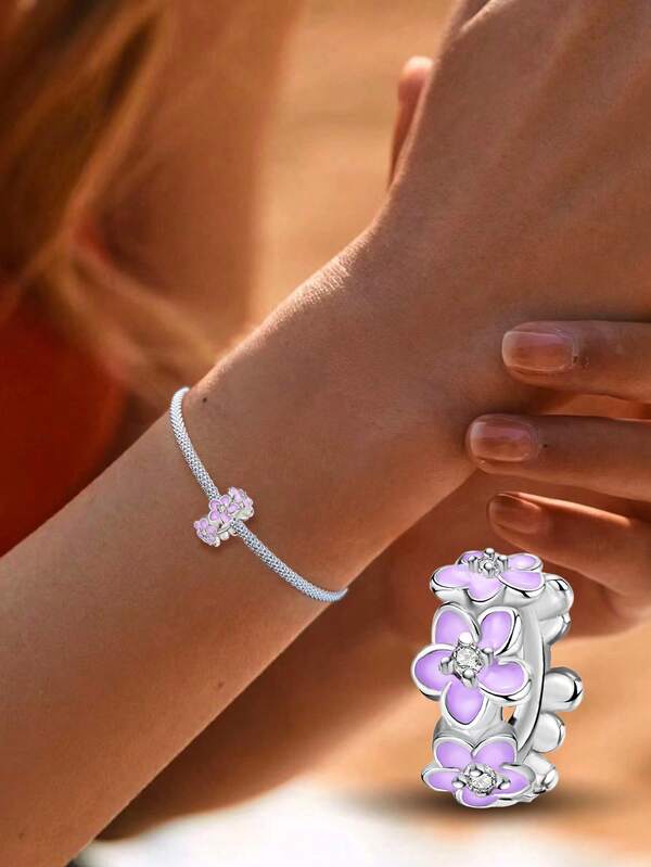 1Pc Fashionable Pinkish Purple Flowers Series Charm Bead Fit For Women Bracelets Bangles DIY Jewelry Making And Daily Outfit Matching Jewelry Decoration For Girls