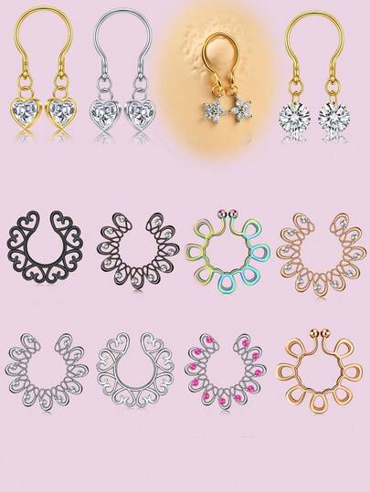 2 件可调节乳头环假穿孔夹乳头环女用不锈钢镂空图案乳头夹海滩派对胸部装饰身体首饰女士情人节