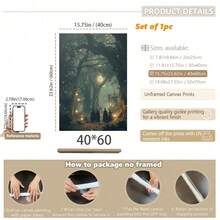 1pc, Canvas Hanging Painting, Framed Art Decoration, Ready To Hang, Wall Arts, Posters, Wall Art With Frame, Vintage Gothic Witch Mural In The Magic Forest, Mythical Witch Halloween Poster Print, Witchcraft Mural, Mysterious Dark College, Fall, Halloween, Halloween Autumn Decoration, Room Decoration, Dormitory Decoration ,Halloween Decor Home Decor Fall Decor