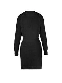 Women's Solid Color Round Neck Raglan Sleeve Casual Sweater Dress, Autumn/Winter - Black - View 10
