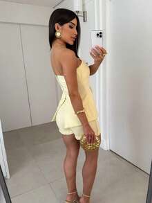 Women's Set Blouse And Shorts Skirt In Tailoring Marrant Women's Fashion Elegant Chic Simple Casual Elegant Zipper Button Pocket Holiday - 奶油黃 - 查看 2