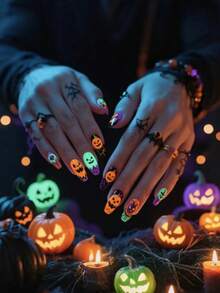 24 片装中号芭蕾舞女演员按压指甲万圣节美甲夜光吸血鬼图案亮面全覆盖女士女孩假 Y2K 指甲美甲用品 - 彩色 - 查看 1