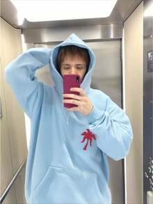 Women's Street Style Palm Tree Print Hoodie - Relaxed Fit With Palm Tree And 'positive Energy' Graphics, Surf Wave Design,  Pocket, Casual Sport Sweatshirt, Comfortable Everyday Top