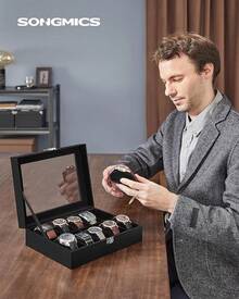 SONGMICS Watch Box, 12-Slot Watch With Large Glass Lid, Removable Watch Pillows, Watch Box Organizer, Loved Ones, Black Synthetic Leather, Gray UJWB12BK - Đen + Đen - Xem 2