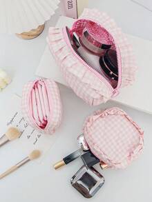 1-częściowa, kraciasta, falbankowa torba do przechowywania kosmetyków, podpasek, przenośna kosmetyczka, kraciasta kosmetyczka, zestaw w kratkę, torba do przechowywania pędzli kosmetycznych, damska torebka, kosmetyczki, duża pojemność, puszysta, kratkowana, ośmiokątna kosmetyczka, kosmetyczka do przechowywania szminek, prezent ślubny, druhna, prezent dla mamy, prezent urodzinowy, prezent na Boże Narodzenie, prezent dla przyjaciół i nauczycieli, wystrój domu, łazienka, salon, sypialnia, wystrój - Różowy - Zobacz 3