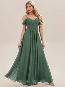 EVERPRETTY Elegant Solid Color V-Neck Ruched Pleated Applique Green Bridesmaid Dress, Suitable For Weddings, Birthdays, Formal Events, Parties And More - Olive Green - View 4