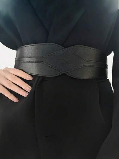 1pc Women's Black Minimalist Rhombus Decor Cinch Waist Belt, Suitable For Halloween Party Or Daily Outfit