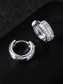 1 Pair/2pcs Fashion Hip Hop Geometric Triple-Row Zirconia Shiny Hoop Earrings, Personalized Punk Chic Luxurious Earrings, Suitable For Daily Wear, Parties, Gifts, High-End Parties, Unisex, Gift For Boyfriend, Christmas, Valentine's Day, Halloween Costume Accessories - Multicolor - View 2