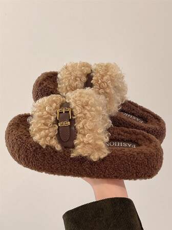 2025 New Women's Winter Thick Sole Closed Toe Fluffy Slippers, Autumn New Fairy Style Short Girl Slouchy Increasing Height Platform Khaki Slippers, Women Home Leather Buckle Furry Slippers