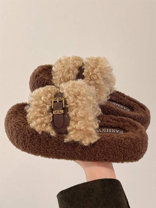 DareSee 2025 Nuevas zapatillas de mujer de invierno con suela gruesa y puntera cerrada, esponjosas. Nuevas zapatillas de estilo hada cortas de otoño para chicas con plataforma que aumenta la altura, color caqui. Zapatillas de casa de mujer con hebilla de cuero y peluche, regalos de Navidad