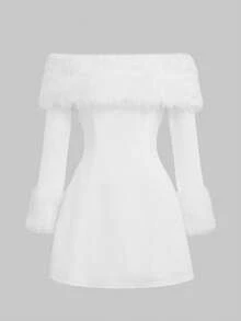 优雅法式浪漫约会之夜正式晚宴生日温暖舒适假日圣诞节露肩收腰弹力蓬松内衬长袖迷你连衣裙，白色