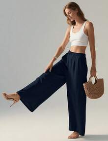 Linen Pants Women Wide Leg Palazzo Summer Flowy Beach Vacation Elastic Waist Travel Trousers With Pockets DSEF - 藏蓝色 - 查看 6