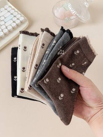 1/5 Pairs Women's New Floral Mid-Calf Socks, Retro Tulip Design, Loose Cuff Non-Binding, Cute Floral Lace Socks, Suitable For Daily, Casual, Sports, Party, Commute, Business, Gifts, All Seasons