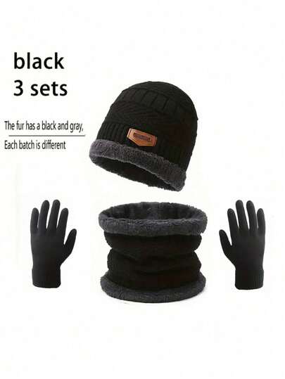 Set de 3 bucăți de iarnă, pălărie Beanie, eșarfe circulare, mănuși cu ecran tactil, mănuși calde, groase, căptușite termic, cu craniu, încălzitor de gât pentru bărbați, ținute de toamnă