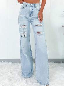 Women's Casual Distressed Denim Flare Jeans - Blue - View 1
