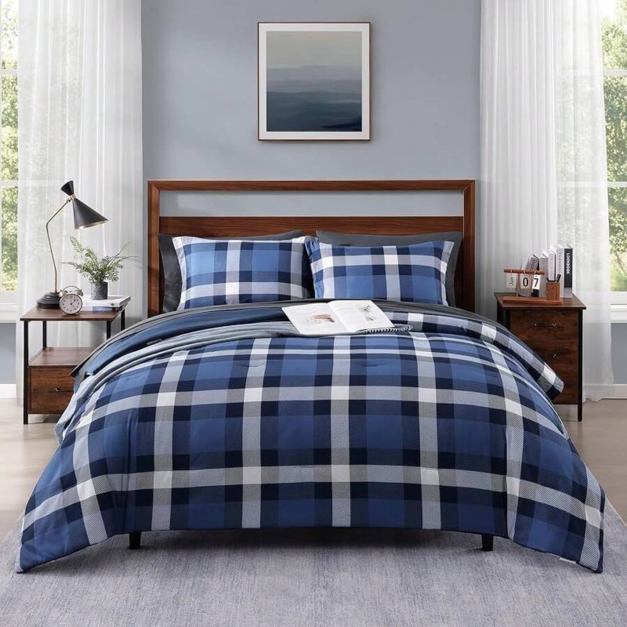 King Comforter Set, Classic Red Black Plaid-Piece Bedding Set, Farmhouse Lightweight All-Season Bed In A Bag With Sheets, Pillowcases & Shams, Home Decor - Xanh chàm - Xem 1