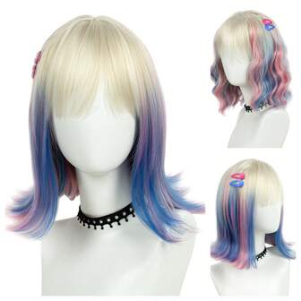 金色短卷发波浪波波头假发，带刘海，适合青少年女孩参加圣诞节新年派对装扮；渐变粉蓝刘海假发，适合女性；彩色波浪合成假发，日常佩戴，适合嘉年华、音乐节等场合；SRT假发