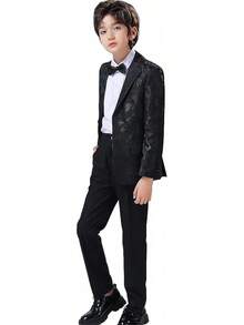 Teen Boy Jacquard Tuxedo 3 Piece Suit Set - Bow Tie Included For Wedding Prom - Hitam - View 2