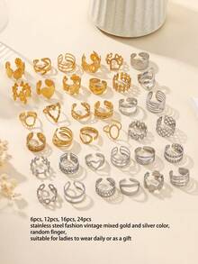 24pcs Stainless Steel Fashion Retro Golden Oil Pressure Ring Mixed Styles, Ring Styles Are Random, Finger Size Is One Size, Suitable For Women's Daily Dress Or Gift