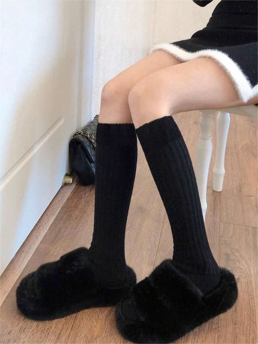 Simple Solid Over The Calf Socks, Cozy - Black - View 1