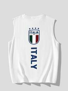 男士休闲无袖上衣，创意图案，圆领健身训练打底衫，宽松街头风，可外穿或内搭 - 白色 - 查看 3