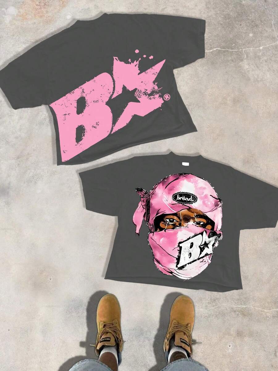 A 220-Gram Pure Cotton T-ShirtAmerican-Style Hip-Hop, Streetwear Style, With A Large Pink Letter 'B' And Star Pattern On The Back, Featuring Splatter Paint And Distressed Effects To Create A Street Graffiti Feel, Suitable For Young People Who Follow Hip-Hop . - 深灰色 - 查看 1