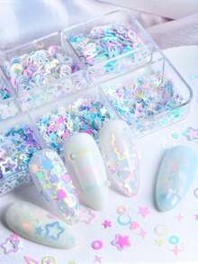 6片装混色美人鱼美甲贴纸，彩色亮片美甲贴，心形星星字母图案，情人节装饰，美甲贴纸，美甲配件，美甲饰品，美甲宝石，美甲用品 - 彩色 - 查看 4