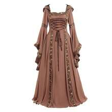 Medieval Retro Hooded Square Neck Solid Color Fine Lace Trumpet Sleeves Big Swing Dress, One Piece Hair Replacement - Màu Khaki - Xem 9