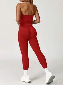 Yefecy 2Pcs Impact Gym Set For Women,Backless Tank Tops High Waist Scrunch Seamless Leggings Gym Suit Fitness Clothes Activewear Workout Sets - Red - View 3