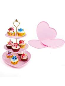 1 件甜点纸杯蛋糕架，3 层纸杯蛋糕架，适用于茶会/生日/婚礼，塑料分层托盘，带金属杆 - 粉色 - 查看 1