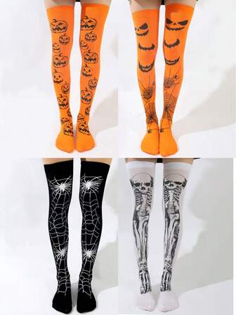 1 Pair Halloween Socks With Cartoon Spider Web & Skeleton Design, Thigh High Sheer Stockings For Party Cosplay, Black/White/Orange, One Size