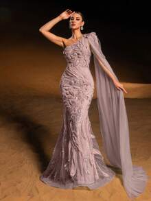 GIFORU Luxurious Lavender One-Shoulder Evening Gown – Elegant Floral Crystal Beading & Sheer Cape For Red Carpet Galas White Dress New Year Elegant Dresses For Party Elegant Long Graduation Dress Sparkly Dress - 藕粉色 - 查看 6