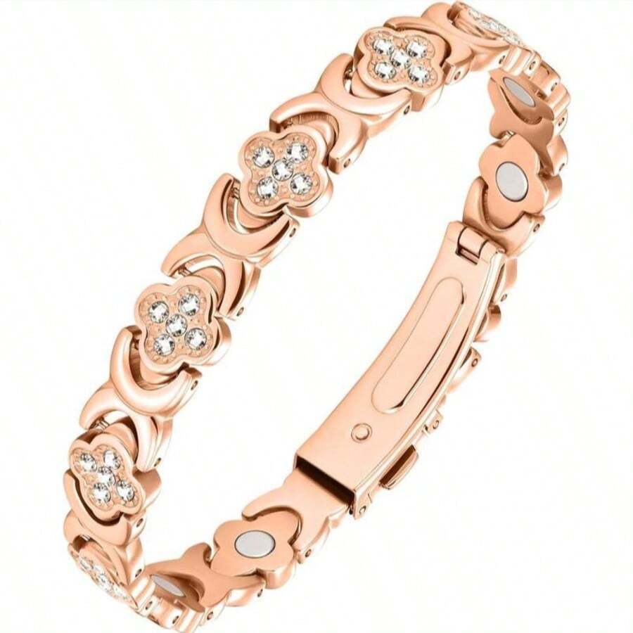 Feraco Pure Copper Bracelets For Women, Ultra Strength Magnetic Therapy Bracelet For Pain Relief With 3800 Gauss Magnets & Sparkling Cubic Zirconia, Adjustable, Infinite Clover Jewelry - Rose Gold - View 1