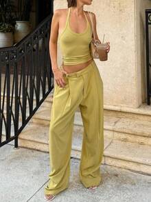 春夏休闲基础款简约U领工装罗纹针织上衣背心+阔腿裤直筒女两件套 - 綠色 - 查看 4